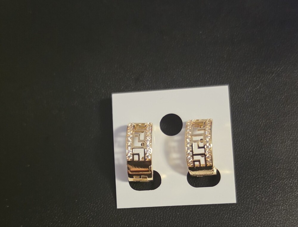 Gold-Tone Greek Key Hoop Earrings with Crystal Accents